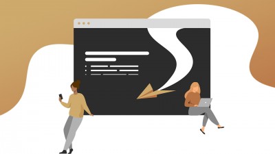 MAVEO Illustration des Blogartikels zum Thema Scrollytelling mit einer Website und zwei Menschen, die am Laptop und Handy scrollen