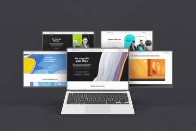 MAVEO Laptop mit den fünf Hauptseiten der neuen Website für IMPRUF