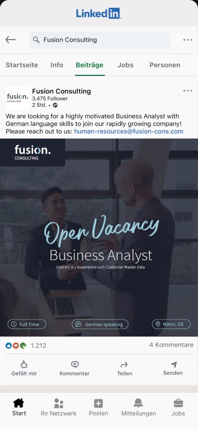 MAVEO Social Media Post für das Recruiting bei Fusion Consulting