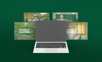 MAVEO Laptop mit Thumbnails des Produkt Testimonial Videos für mobile Luftfilter in Innenräumen zur belämpfung der Corona Pandemie von MANN+HUMMEL