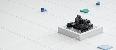 MAVEO 3D Visualisierung des MiniGantry von PI in einer abstrakten Welt als Teil einer Produkt-Kampagne
